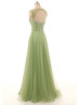Green Tulle Beads Keyhole Back Long Prom Dress